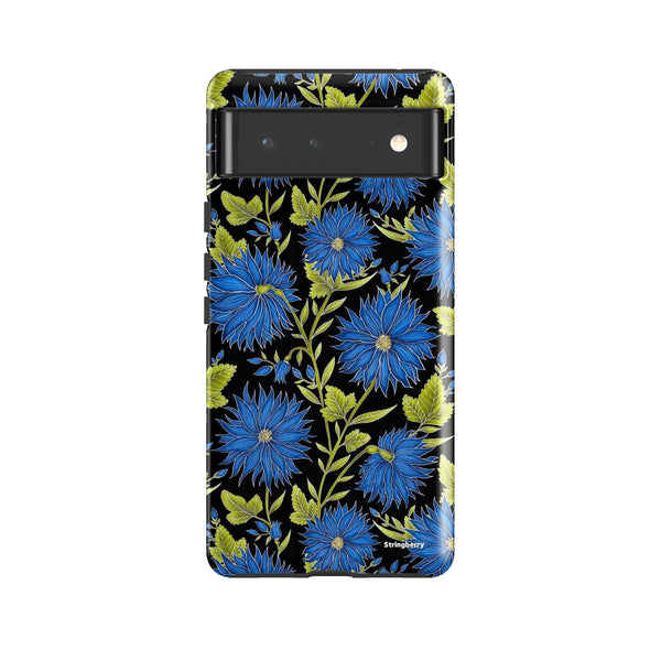Google Tough Case - Google Pixel Case Blue Flowers Black By Catherine Rowe